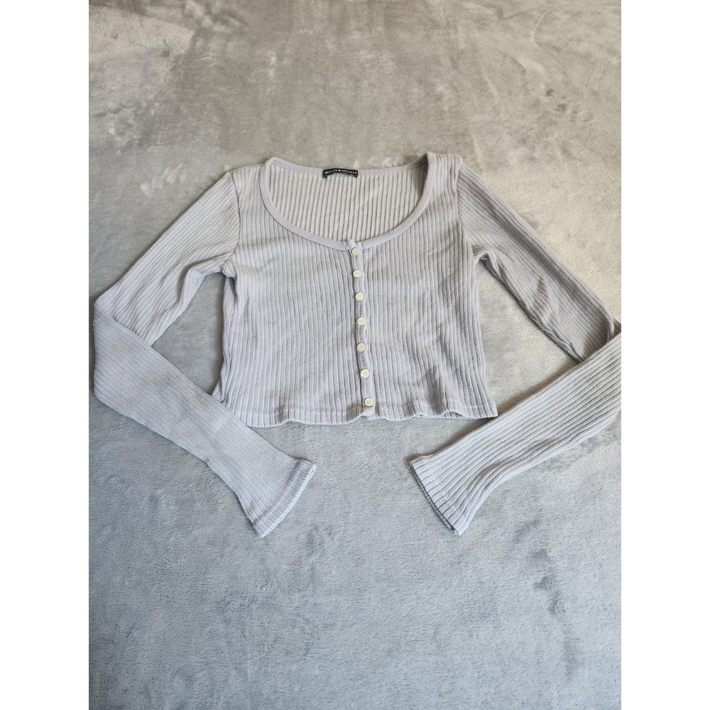 Brandy Melville Lavender Zelly Long Sleeve Crop Top Shirt Ribbed Cardigan One Sz